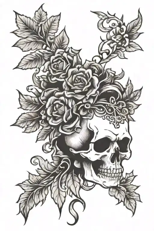 Traditional Skull With Wreath On Thigh Tattoo Design