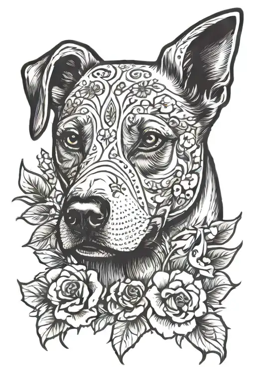 Dog Head With Black Around Eyes And Flowers Around Neck