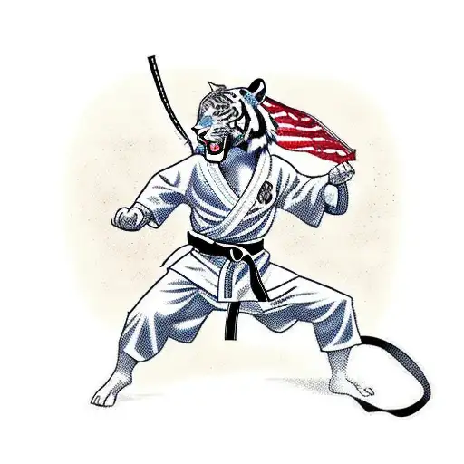 A Black And White Shotokan Karateka Performing A Powerful Kick With A Tiger Motif