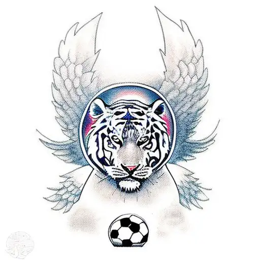A Traditional Style Tattoo Of An Angel Holding A Soccer Ball With A Tiger Standing Beside Them