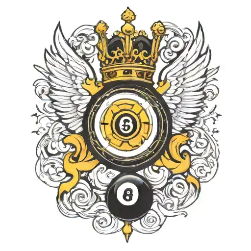 Billiard 8 Ball With A Golden Crown On Top And White Wings Around It