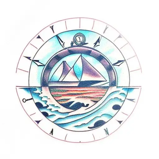 Ocean And Mountains With Compass Simplstic