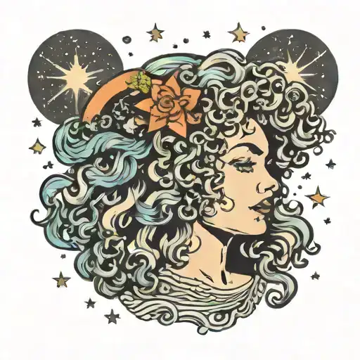 Galaxy Goddess Woman With Curly Hair And Stars Surrounding Her Head Colored