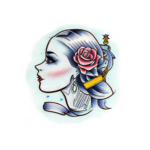 American Traditional Tattoo Of A Woman's Face With Gambling Elements Around