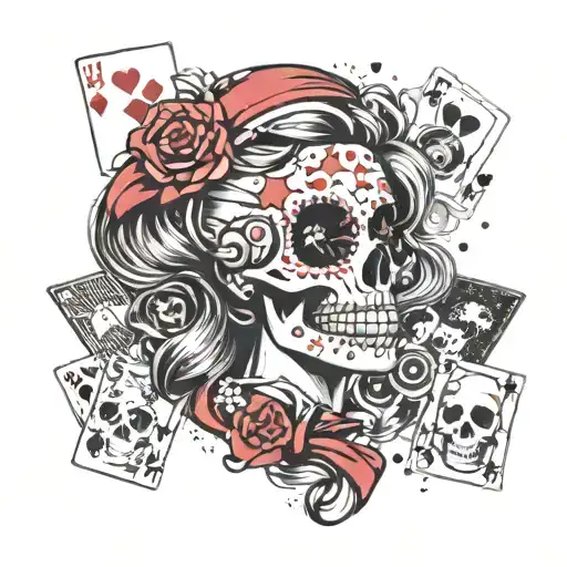 Candy Girl Skull Trash Polka Style With Poker Cards
