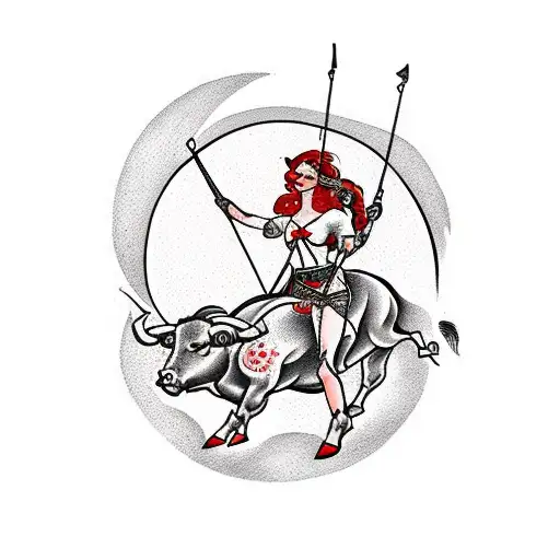 Female Archer Riding A Bull Under Full Moon
