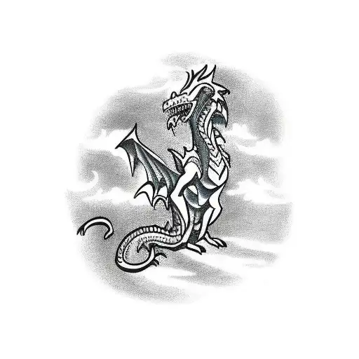 A Traditional Style Tattoo Of A Group Of Rpg Characters Battling A Dragon In An African Landscape