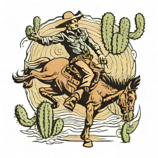 A Cowboy Riding A Bronc With A Cactus In The Background