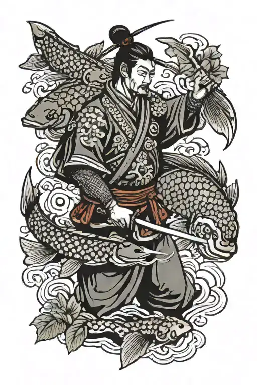 Samurai And Koi Fish