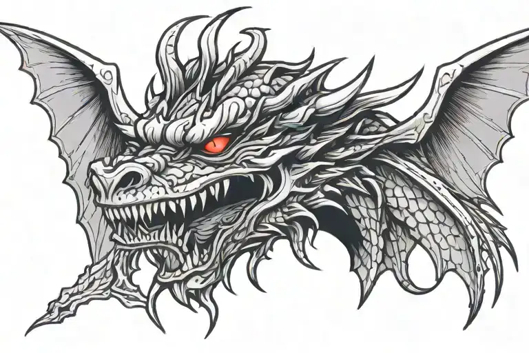 Face Of Dragon Head Tattoo Design In The Middle Of A Pair Of Wings For Chest