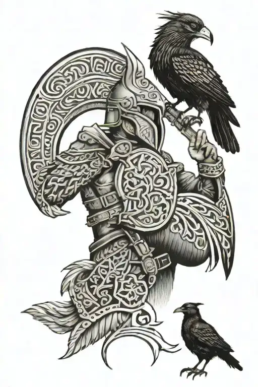 Viking With Horn Helmet Next To Kangaroo Above A Magpie And Crow Back To Back