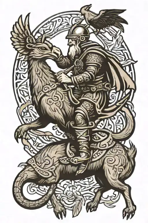 Viking With Horn Helmet Riding A Kangaroo With A Magpie On Left Shoulder And Crow On Right Shoulder