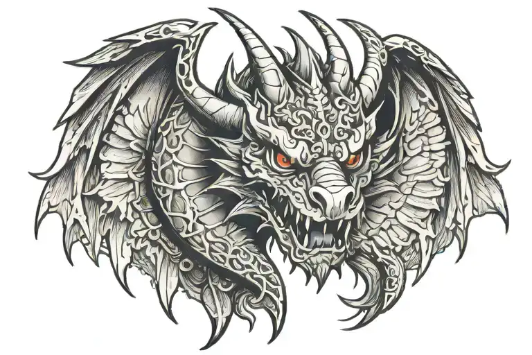 Face Of Dragon Head Tattoo Design In The Middle Of A Pair Of Wings For Chest