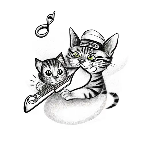 A Blackwork Tattoo Of A Cat Playing A Musical Instrument