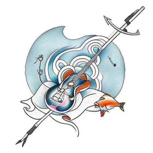 A Traditional Tattoo Design Featuring A Fishing Rod And A Rock Guitar