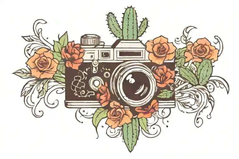 A Tattoo Design Of A Camera Surrounded By Cactus And Smoke As A Creative Element
