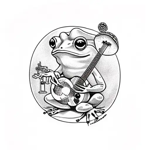 American Traditional Frog Sitting On A Mushroom Playing A Banjo