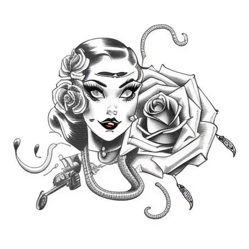 Motorcycle Girl With Rose And Snake Pinup