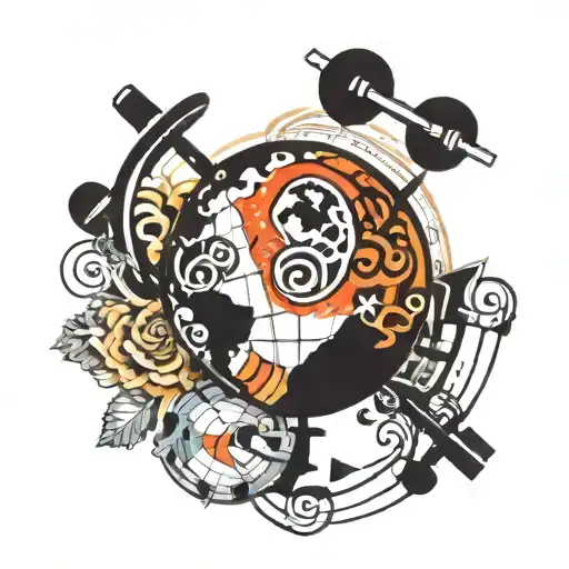 An Abstract Globe Design With Barbells And Music Symbols Representing Different Countries