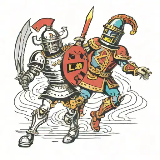 A Roman Gladiator Battling A Futuristic Robot Court Jester Baby