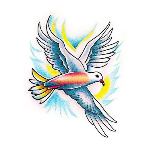 White Dove Flying Above A Sunset