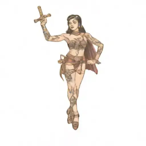 A Woman Holding A Sword Traditional Style