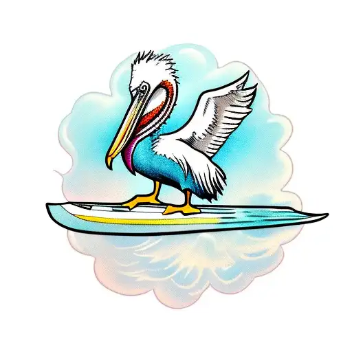 Comic Strip Colorful Pelican Holding A Surfboard Under His Wing