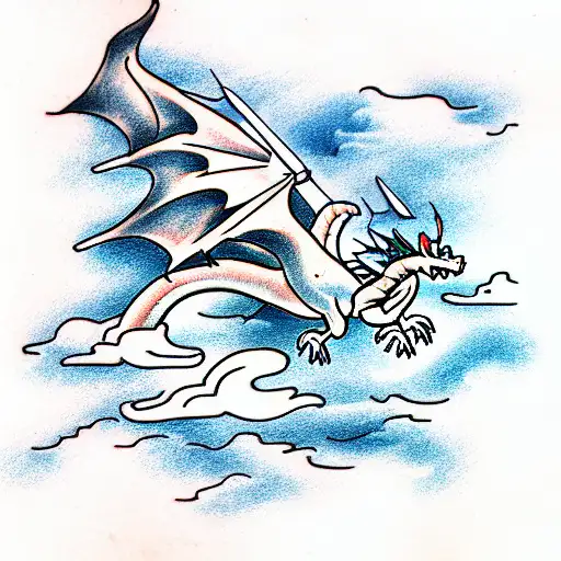 Dragon Flying Through The Air With Clouds And Mountains In The Background