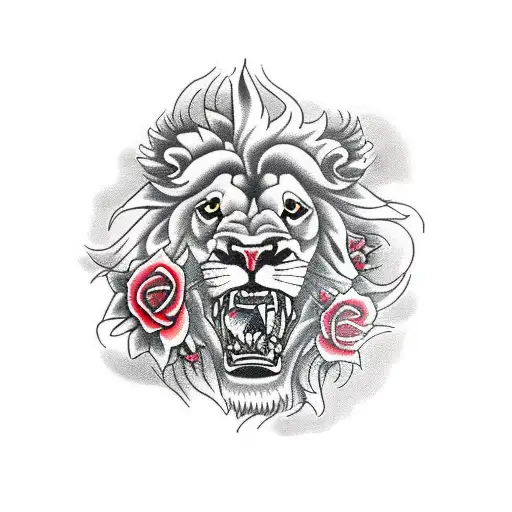 Lion Head Roaring With Roses