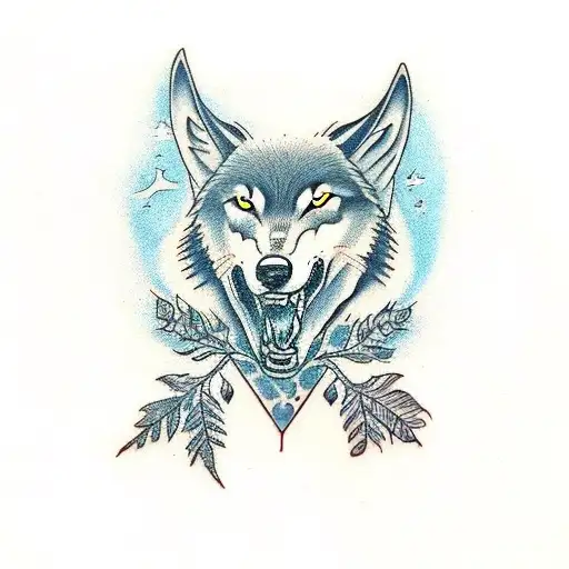 Two Wolves The Tree Yggdrasil And Two Flying Ravens