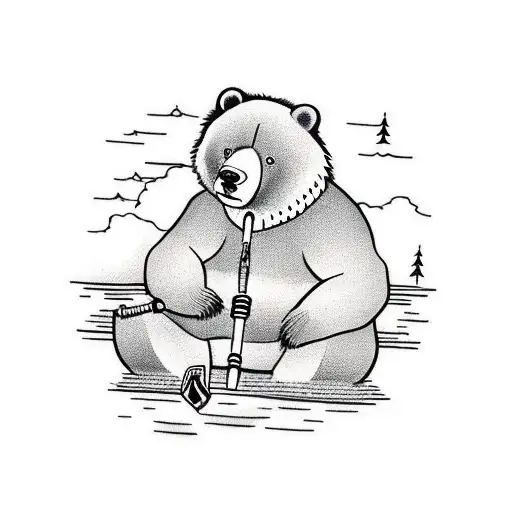 Bear Sitting Down By A Lake With A Fishing Pole