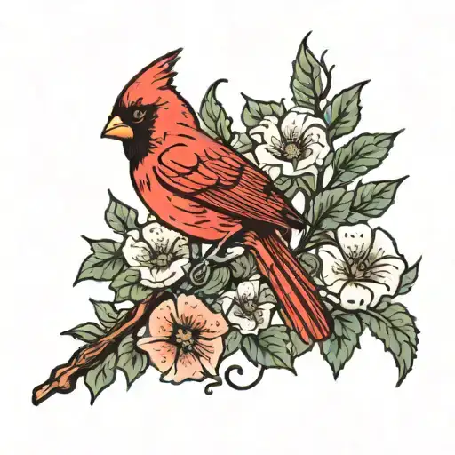 Cardinal With Poppies And Morning Glory Vine