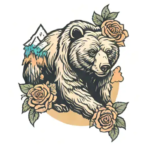 Bear With Roses In Mountains