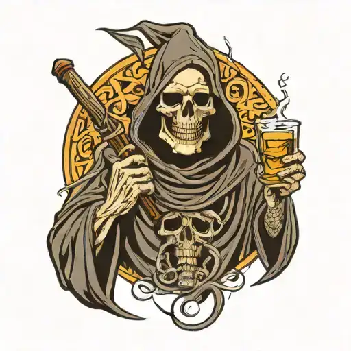 Grim Reaper Holding A Whiskey Glass Filled