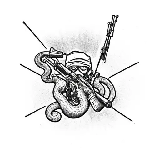 A Sniper Aiming At A Target With A Snake Wrapped Around The Rifle Barrel