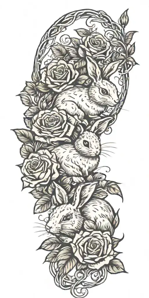 Rabbits And Roses Intertwined With Vines Wrapped
