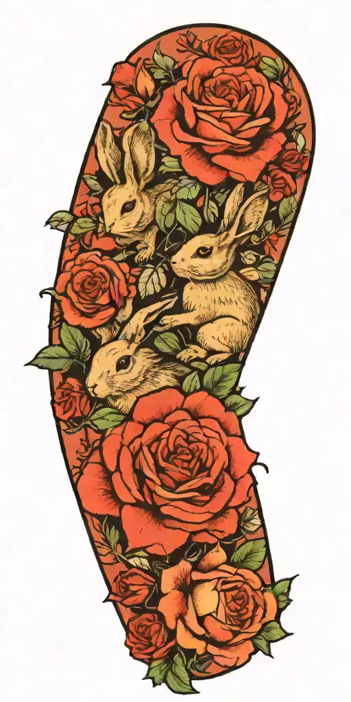 Rabbits And Roses Intertwined With Vines Wrapped