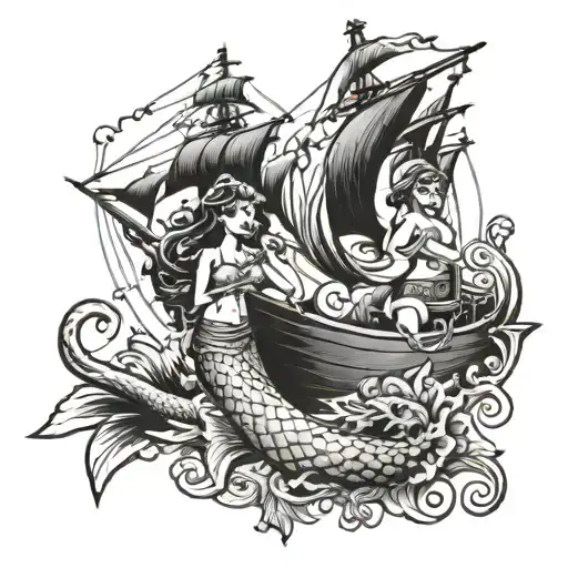 Ship And Mermaid Holding