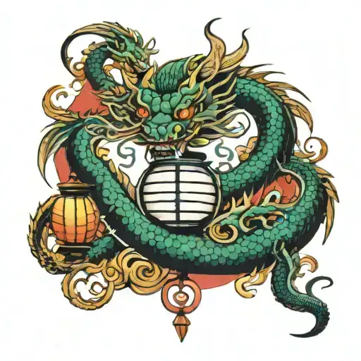 Japanese Dragon And Lantern Surrounded