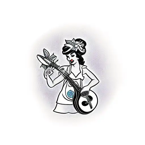 Sailor Jerry Style Hula Girl Playing Ukelele On Surfboard With Hawiian Flowers Background