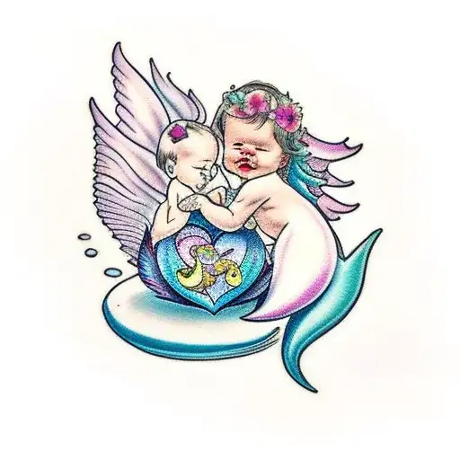 Baby Mermaid Sitting At The Base Of A Granet Colored Heart With Baby Angel Sitting On Top Of It