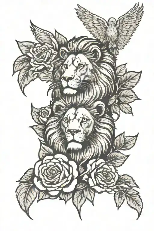 Lion With 4 Roses And Angel Wings