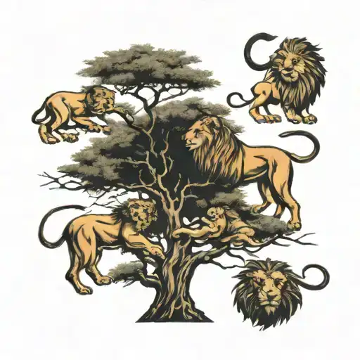 Acacia Tree With 5 Lions In And Around