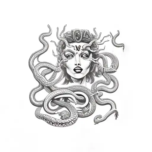 Medusa Caressing One Of Her Snakes Staring Into The Eyes Of A Skull Shes Holding