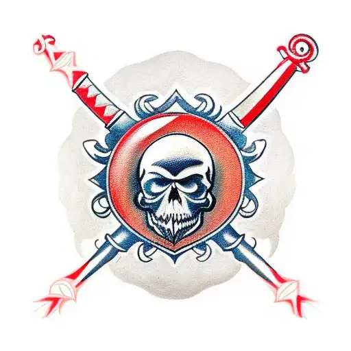 A Traditional-style Tattoo Of A Sword And Shield Crossed With A Skull In The Center