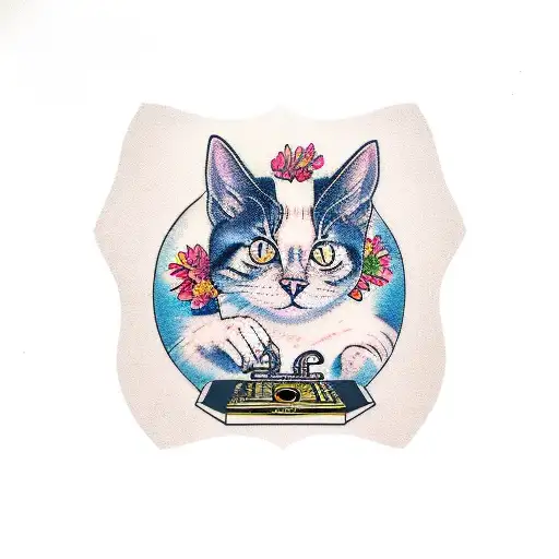 A Traditional Tattoo Of A Cat Sitting On A Vinyl Record With Musical Notes And Flowers