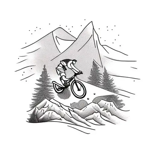 Mountain Biker And Snowboard In Mountain Backdrop