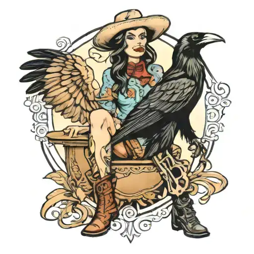 Cowgirl With Raven On Her Hat And Tattoos On Her Legs