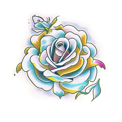 Neotraditional Rose With 2 Butterflays