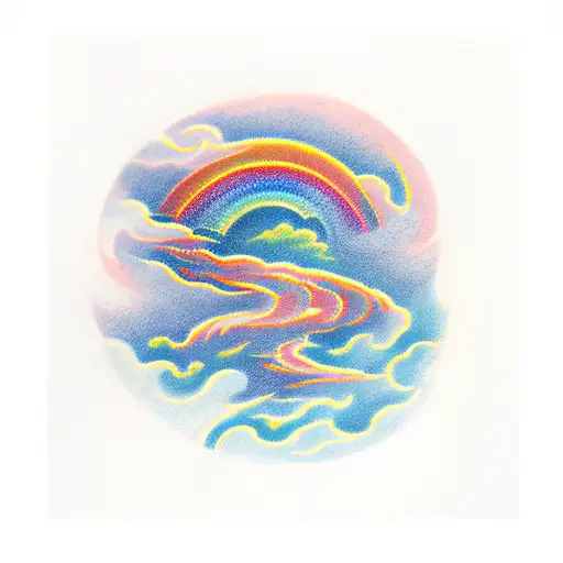 Hurricane And A Rainbow Over Top With Fire Works Above That